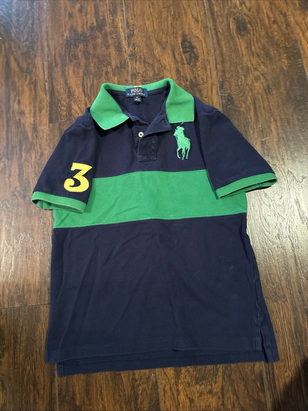 Polo by Ralph Lauren Boys  Navy & Green color block  Polo with Yellow 3 Patch